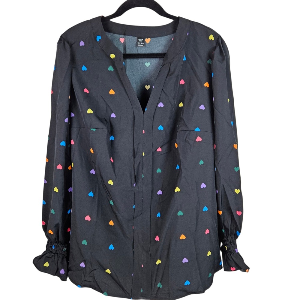 Shein Curve Plus Size 5X Blouse‎ Heart Print Long Sleeve Black Multicolor Top